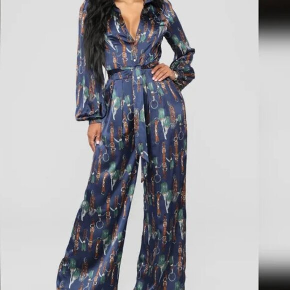Fashion Nova The Entertainer Satin Jumpsuit Blue Extra Large Chain Tassel‎ Print - Picture 2 of 16
